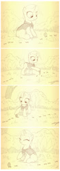 Size: 759x2148 | Tagged: safe, artist:sherwoodwhisper, derpibooru import, oc, oc:eri, insect, pony, unicorn, comic:antlantis, ant, blank flank, cape, clothes, comic, cute, female, filly, foal, horn, monochrome, ocbetes, photo, scout, solo, younger