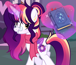 Size: 1438x1220 | Tagged: safe, artist:cstrawberrymilk, derpibooru import, oc, oc:severus eclipse, alicorn, pony, book, clothes, female, magic, mare, scarf, solo