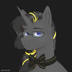 Size: 4134x4134 | Tagged: safe, artist:jjsh, derpibooru import, oc, oc only, pony, unicorn, blue eyes, bow, bust, glasses, high res, horn, looking at you, male, portrait, stallion, tired