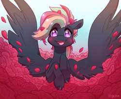 Size: 3000x2461 | Tagged: safe, artist:kaenn, derpibooru import, oc, oc only, oc:treading step, pegasus, pony, blushing, flower, front view, heart, heart eyes, looking at you, open mouth, open smile, rose, smiling, smiling at you, solo, spread wings, wingding eyes, wings