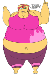Size: 1024x1524 | Tagged: safe, artist:cartoonlover9000, derpibooru import, sunset shimmer, human, equestria girls, g4, chubby cheeks, clothes, dialogue, fat, morbidly obese, obese, simple background, slobset shimmer, solo, weight gain, white background