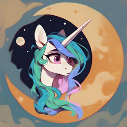 Size: 4096x4096 | Tagged: safe, ai content, derpibooru import, generator:pony diffusion v6 xl, generator:stable diffusion, machine learning generated, princess celestia, g4, anonymous prompter, confused, moon, sticker