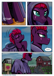 Size: 2480x3508 | Tagged: safe, artist:dsana, derpibooru import, fizzlepop berrytwist, tempest shadow, unicorn, comic:a storm's lullaby, g4, barn, cloak, clothes, comic, farm, female, horn, mare, solo, speech bubble