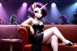 Size: 720x480 | Tagged: safe, ai content, derpibooru import, machine learning generated, rarity, anthro, unicorn, g4, black dress, bracelet, breasts, clothes, club, dress, drink, female, horn, jewelry, lights, necklace, prompter:dordrago, reasonably sized breasts, ring, sitting, smiling, sofa, solo focus, stupid sexy rarity, table