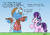 Size: 2408x1683 | Tagged: safe, artist:bobthedalek, derpibooru import, starlight glimmer, trixie, pony, unicorn, g4, atg 2024, bipedal, clothes, dialogue, duo, duo female, eyes closed, female, grass, hat, horn, implied fire, jacket, mare, newbie artist training grounds, oblivious, open mouth, open smile, raised hoof, raised leg, scarecrow, smiling, this will end in fire