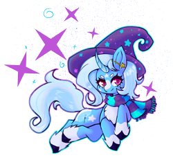 Size: 1473x1419 | Tagged: safe, artist:duskpyx, derpibooru import, trixie, pony, unicorn, g4, abstract background, chest fluff, clothes, coat markings, colored, countershading, curved horn, ear piercing, female, full body, hat, horn, industrial piercing, looking at you, lying down, mare, pale belly, piercing, redesign, scarf, shading, simple background, smiling, smiling at you, socks (coat marking), solo, stars, transparent background, trixie's hat, unshorn fetlocks