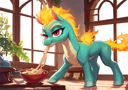 Size: 1024x720 | Tagged: safe, ai content, derpibooru import, machine learning generated, tianhuo, dragon, hybrid, longma, them's fightin' herds, community related, eating, food, noodles, prompter needed, slurping
