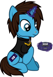 Size: 845x1219 | Tagged: safe, artist:lightningbolt, derpibooru exclusive, derpibooru import, pony, unicorn, g4, .svg available, clothes, game boy advance, geoff wigington, glowing, glowing horn, horn, jewelry, magic, male, necklace, nose piercing, piercing, ponified, raised hoof, raised leg, shirt, show accurate, simple background, sitting, smiling, solo, species swap, stallion, svg, t-shirt, the legend of zelda, transparent background, vector, video game, waterparks