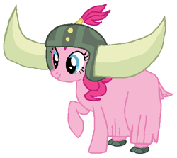 Size: 484x432 | Tagged: safe, artist:qjosh, derpibooru import, pinkie pie, earth pony, pony, yak, female, helmet, honorary yak horns, horned helmet, pony to yak, solo, transformation, transformation sequence, viking helmet