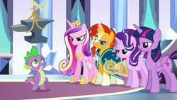 Size: 850x478 | Tagged: safe, derpibooru import, edit, edited screencap, screencap, princess cadance, princess flurry heart, spike, starlight glimmer, sunburst, twilight sparkle, twilight sparkle (alicorn), alicorn, dragon, pony, unicorn, g4, season 6, the times they are a changeling, abuse, angry, anvil, baby carriage, cadance is not amused, concave belly, crown, crystal castle, eyebrows, female, frown, glare, glowing, glowing horn, go to sleep garble, height difference, horn, imminent death, jewelry, looking up, magic, male, mare, obscured face, physique difference, raised eyebrow, reaction, regalia, rope, scissors, shitposting, sisters-in-law, sleeping, slender, spikeabuse, stallion, starlight glimmer is not amused, sunburst is not amused, telekinesis, thin, this will end in death, this will end in tears, this will end in tears and/or death, this will not end well, twilight sparkle is not amused, unamused