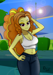Size: 1673x2368 | Tagged: safe, artist:danielitamlp, derpibooru import, adagio dazzle, human, equestria girls, g4, adagiazonga dazzle, armpits, belly button, breasts, cleavage, clothes, denim, female, hand on head, hand on hip, jeans, looking at you, midriff, pants, sexy, smiling, solo, streetlight, stupid sexy adagio dazzle, tanktop