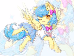 Size: 4000x3000 | Tagged: safe, artist:如意喵喵, derpibooru import, oc, oc only, oc:zoran, oc:左岸, pegasus, pony, blue mane, blue tail, blushing, clothes, ear fluff, ears, female, flying, looking at you, mare, one eye closed, skirt, solo, spread wings, tail, tongue, tongue out, unshorn fetlocks, wings, wink, winking at you, yellow coat, zoom layer