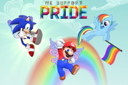Size: 3000x2000 | Tagged: safe, artist:misty114, artist:user15432, artist:xpesifeindx, derpibooru import, rainbow dash, human, pegasus, pony, g4, blue sky, cloud, colored wings, crossover, fairy, fairy wings, flag, flying, gradient wings, happy pride month, jewelry, looking at you, mario, necklace, open mouth, open smile, pendant, pride, pride flag, pride month, pride month 2024, rainbow, rainbow flag, sky, smiling, sonic the hedgehog, sonic the hedgehog (series), sparkly wings, sun, super mario bros., wings