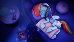 Size: 3840x2160 | Tagged: safe, artist:psfmer, derpibooru import, rainbow dash, twilight sparkle, pegasus, pony, g4, 3d, bed, butt, crying, dock, ears, eyes closed, female, floppy ears, heartbreak, high res, lesbian, mare, pillow, plot, shipping, solo, source filmmaker, table, tail, teary eyes, twidash, wings