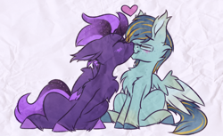 Size: 2000x1220 | Tagged: safe, artist:shad0w-galaxy, derpibooru import, oc, oc only, oc:ruffled quill, oc:shadow galaxy, pegasus, pony, blushing, cheek fluff, chest fluff, cute, doodle, duo, ear fluff, ears, ethereal mane, eyes closed, female, fluffy, freckles, glasses, heart, hooves, kissing, male, mare, oc x oc, shipping, smooch, stallion, starry mane, starry tail, tail, unshorn fetlocks