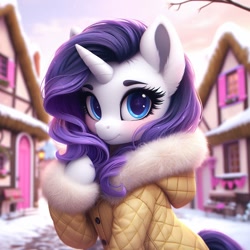 Size: 1024x1024 | Tagged: safe, rarity, pony, unicorn, alternate hairstyle, bing, bust, clothes, female, hoof in mane, looking at you, mare, ponyville, snow, solo, winter outfit