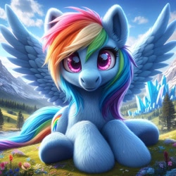 Size: 1024x1024 | Tagged: safe, ai content, machine learning generated, rainbow dash, pegasus, pony, alternate cutie mark, bing, cloud, crystal, female, flower, fluffy, looking at you, mare, mountain, sitting on ground, solo, spread wings, tree