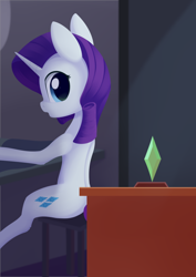 Size: 988x1394 | Tagged: safe, artist:dusthiel, derpibooru import, rarity, pony, unicorn, g4, atg 2021, cute, female, gem, horn, indoors, mare, newbie artist training grounds, raribetes, sitting, solo