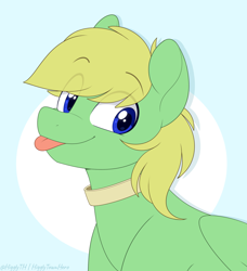 Size: 1000x1098 | Tagged: safe, artist:higglytownhero, derpibooru import, oc, oc only, oc:lemming, pegasus, pony, blonde, blonde mane, blue background, blue eyes, bust, circle background, collar, commission, eye clipping through hair, eyebrows, eyebrows visible through hair, folded wings, green coat, male, pegasus oc, portrait, shiny eyes, signature, simple background, smiling, solo, stallion, stallion oc, tongue, tongue out, wings