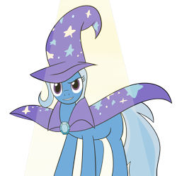 Size: 2686x2666 | Tagged: safe, artist:frownfactory, derpibooru import, trixie, pony, unicorn, g4, atg 2024, cape, clothes, confident, grin, hat, horn, newbie artist training grounds, simple background, smiling, solo, spotlight, transparent background, trixie's cape, trixie's hat