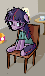 Size: 824x1379 | Tagged: safe, artist:lemomew, derpibooru import, twilight sparkle, unicorn twilight, caterpillar, pony, unicorn, fanfic:muffins, g4, asylum, ball, bandage, battleship, broken horn, canvas, chair, clothes, ears, fanfic art, floppy ears, horn, mentally ill twilight, messy mane, painting, sitting, solo, spoilers for another series, table