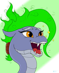 Size: 2300x2800 | Tagged: safe, artist:anix_space, derpibooru import, dragon, hybrid, longma, them's fightin' herds, baihe (tfh), bust, community related, fangs, gradient background, happy, mane of fire, portrait, solo