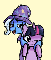 Size: 662x785 | Tagged: safe, artist:lemomew, derpibooru import, trixie, twilight sparkle, unicorn twilight, pony, unicorn, g4, :3, :d, beige background, blushing, cape, clothes, duo, duo female, female, hat, horn, hug, hug from behind, lesbian, lidded eyes, nuzzling, open mouth, open smile, shipping, simple background, smiling, smug, trixie's cape, trixie's hat, twixie