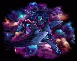 Size: 2048x1614 | Tagged: safe, artist:chrymind, derpibooru import, nightmare moon, princess luna, alicorn, pony, g4, cloud, crying, ears back, female, hoof shoes, lying down, lying on a cloud, mare, on a cloud, signature, solo, stars, unusual pupils, wings