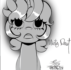 Size: 2708x2672 | Tagged: safe, artist:ch0c0sauri0, derpibooru import, oc, oc only, earth pony, unicorn, album cover, black and white, bow, bust, clothes, doodle, eyelashes, eyeshadow, grayscale, hair bow, horn, lineart, looking up, makeup, minimalist, monochrome, open mouth, original art, original character do not steal, portrait, simple background, sketch, smiling, solo, song reference, suit, unicorn horn, unicorn oc, wip