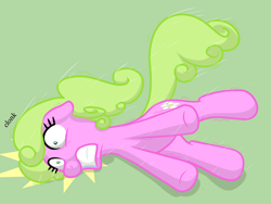 Size: 2000x1500 | Tagged: safe, artist:nitei, derpibooru import, daisy, flower wishes, earth pony, pony, g4, fainting goat, lying down, on side, onomatopoeia, pinpoint eyes, scared, solo, teeth
