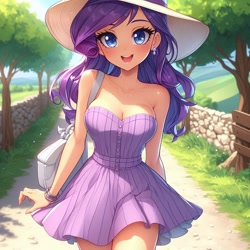 Size: 1024x1024 | Tagged: source needed, safe, ai content, derpibooru import, generator:dall-e 3, machine learning generated, rarity, human, g4, anime, bag, bare shoulders, blushing, breasts, cleavage, clothes, cute, dirt road, dress, generator:copilot, handbag, hat, humanized, looking at you, nature, outdoors, prompter needed, raribetes, raritits, smiling, smiling at you, solo, strapless, strapless dress, summer hat, tree, walking, walking towards you