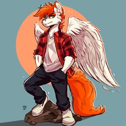 Size: 2048x2048 | Tagged: safe, artist:guarez wolf, derpibooru import, oc, oc only, oc:coffee spots, anthro, pegasus, abstract background, anthro oc, flannel, flannel shirt, hand in pocket, looking at you, male, orange mane, solo