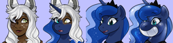 Size: 2400x600 | Tagged: safe, artist:rindeadsong, derpibooru import, princess luna, inflatable pony, pony, g4, bust, female, final fantasy, forced smile, grin, human to pony, inanimate tf, inflatable, portrait, smiling, species swap, transformation, transformation sequence, viera