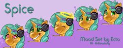 Size: 1600x627 | Tagged: safe, artist:rindeadsong, derpibooru import, snails, spice, original species, unicorn, g4, abstract background, bust, expressions, facial expressions, halo, headphones, heart, heart eyes, horn, latex, latex pony, portrait, question mark, rule 63, shiny, solo, wingding eyes