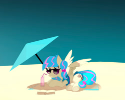 Size: 2284x1840 | Tagged: safe, artist:mandumustbasukanemen, derpibooru import, oc, oc only, oc:sugar stamp, pegasus, beach, beach umbrella, book, clothes, drink, female, lying down, mare, relaxing, solo, sun, sunglasses, swimsuit