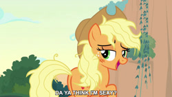 Size: 1280x720 | Tagged: safe, derpibooru import, edit, edited screencap, editor:jaredking779, screencap, applejack, earth pony, pony, g4, season 8, sounds of silence, applebutt, butt, caption, cowboy hat, female, hat, looking at you, looking back, looking back at you, mare, messy mane, open mouth, open smile, plot, rod stewart, smiling, solo, stetson, text