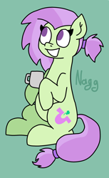 Size: 1965x3221 | Tagged: safe, artist:naggfruit, derpibooru import, oc, oc only, oc:lavender charm, earth pony, female, mare, mug, offspring, parent:marble pie, parent:trouble shoes, parents:marbleshoes, signature, simple background, sitting, solo