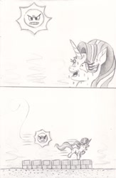 Size: 1204x1846 | Tagged: safe, artist:nedemai, derpibooru import, starlight glimmer, pony, unicorn, g4, 2 panel comic, angry sun, atg 2024, chase, comic, female, here comes the sun, horn, mare, newbie artist training grounds, running, solo, super mario bros. 3, sweat