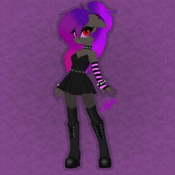 Size: 1536x1536 | Tagged: safe, ai content, derpibooru import, machine learning assisted, oc, oc only, oc:ella starshade, anthro, boots, choker, clothes, dress, edgy, emo, patterned background, ponytail, shoes, solo, unamused