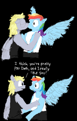 Size: 283x445 | Tagged: safe, artist:y122n20497166, derpibooru import, derpy hooves, rainbow dash, anthro, pegasus, g4, black background, digital art, duo, english, female, kissing, lesbian, pixel art, ship:derpydash, shipping, simple background, talking, wings