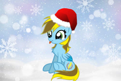 Size: 626x417 | Tagged: safe, artist:krystalheartbases, artist:lucky bolt, derpibooru import, oc, oc only, oc:lucky bolt, pegasus, pony, :p, base used, chest fluff, christmas, colored wings, cute, female, hat, holiday, santa hat, sitting, snow, snowfall, solo, tongue, tongue out, two toned wings, wings