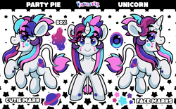 Size: 3593x2227 | Tagged: safe, artist:partypievt, derpibooru import, oc, oc only, oc:party pie, classical unicorn, pony, unicorn, bangs, eyebrows, eyebrows visible through hair, facial markings, fringe, horn, leonine tail, ponytail, reference, reference sheet, tail