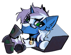 Size: 2560x1974 | Tagged: safe, artist:cherry_kotya, derpibooru import, oc, oc only, oc:passi deeper, pony, unicorn, chest fluff, coffee cup, computer, cup, glasses, horn, laptop computer, simple background, solo, sticker, white background