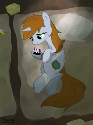 Size: 1024x1376 | Tagged: safe, artist:rayelli, derpibooru exclusive, derpibooru import, rarity, oc, oc only, oc:littlepip, pony, unicorn, fallout equestria, bandage, bed, fanfic art, female, figurine, horn, lying down, ministry mares statuette, on side, solo, statuette