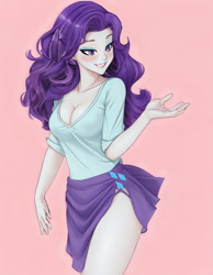 Size: 632x816 | Tagged: safe, artist:voldarian, derpibooru import, rarity, human, equestria girls, g4, beautiful, breasts, cleavage, clothes, cutie mark on clothes, female, pink background, sexy, simple background, skirt, skirt lift, solo, stupid sexy rarity