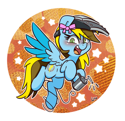 Size: 2120x2048 | Tagged: safe, artist:lou, derpibooru import, oc, oc only, oc:lucky bolt, pegasus, pony, bow, colored wings, commission, female, flying, hair bow, happy, looking at you, solo, spread wings, sticker, two toned wings, welding, wings