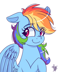 Size: 1708x2048 | Tagged: safe, artist:galaxy swirl, derpibooru import, rainbow dash, pegasus, pony, g4, bust, cute, dashabetes, eye clipping through hair, eyebrows, eyebrows visible through hair, female, mare, one ear down, partially open wings, raised hoof, raised leg, signature, simple background, smiling, solo, white background, wings