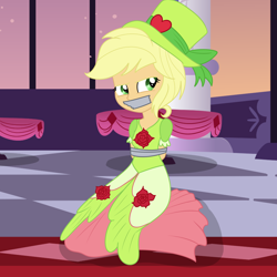 Size: 2000x2000 | Tagged: safe, artist:nie-martw-sie-o-mnie, derpibooru import, part of a set, applejack, human, equestria girls, g4, make new friends but keep discord, applesub, bondage, bound and gagged, clothes, dress, female, femsub, flower, gag, gala dress, hat, kneeling, solo, submissive, tape, tape bondage, tape gag, top hat