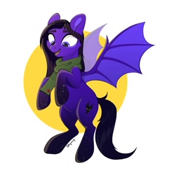 Size: 1232x1280 | Tagged: safe, artist:shpoof, derpibooru import, oc, oc only, pony, bat wings, black hair, clothes, purple coat, rearing, scarf, simple background, smiling, white background, wings