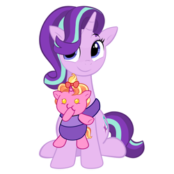 Size: 750x750 | Tagged: safe, derpibooru import, luster dawn, starlight glimmer, pony, unicorn, g4, baby, baby pony, bow, chubby, duo, duo female, female, filly, foal, hair bow, horn, luster dawn is starlight's and sunburst's daughter, mare, mother and child, mother and daughter, parent and child, parent:starlight glimmer, parent:sunburst, parents:starburst, simple background, transparent background
